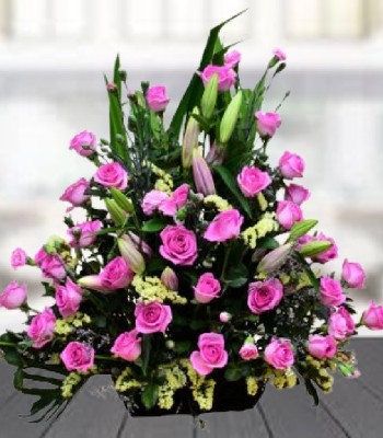 24 Pink Rose and Lily Flower Bouquet with Fillers